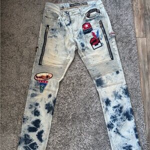 Vintage Men's Blue Tie-Dye Jeans with Patches